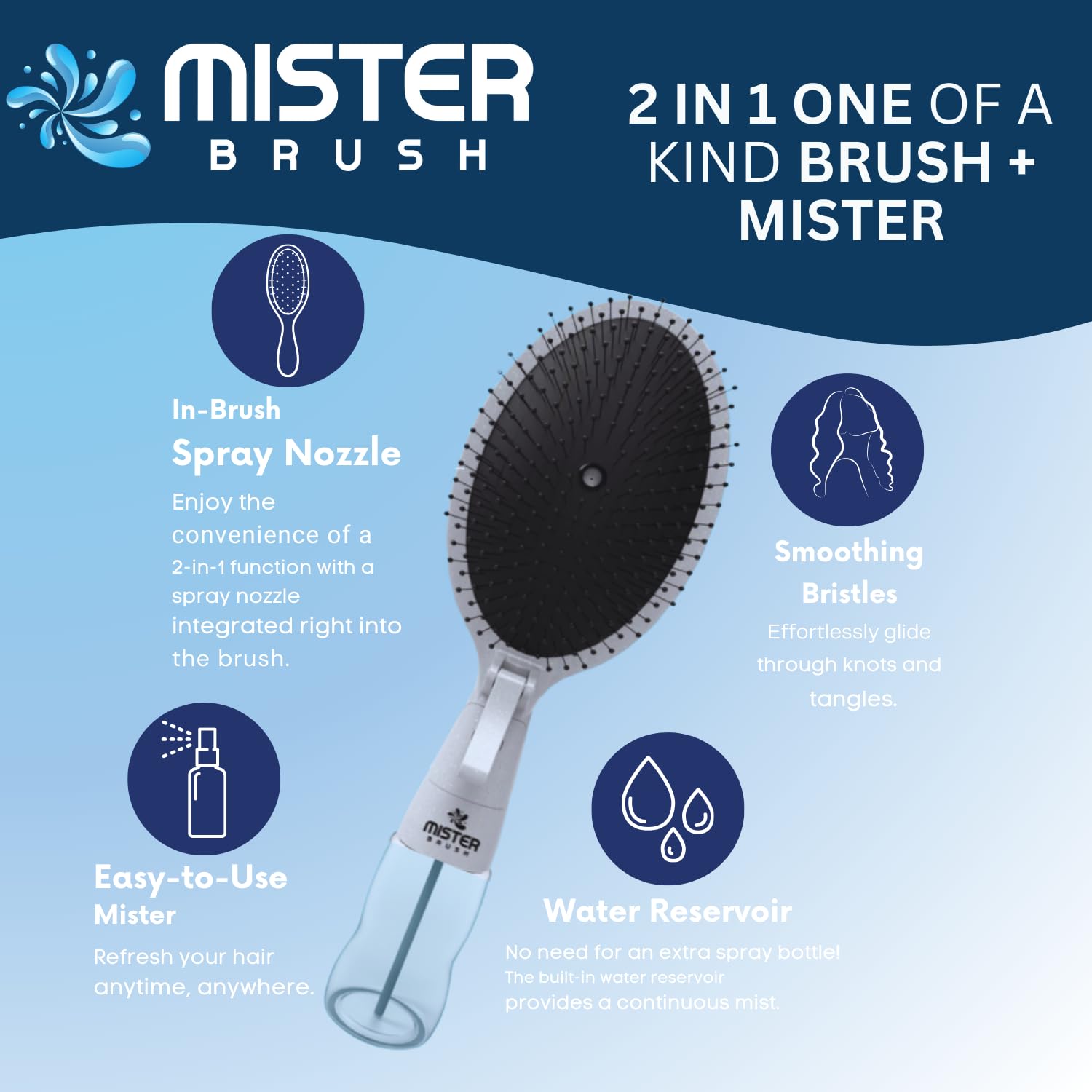 Mister Brush water reservoir demonstrates built-in mist for refreshing hair.
