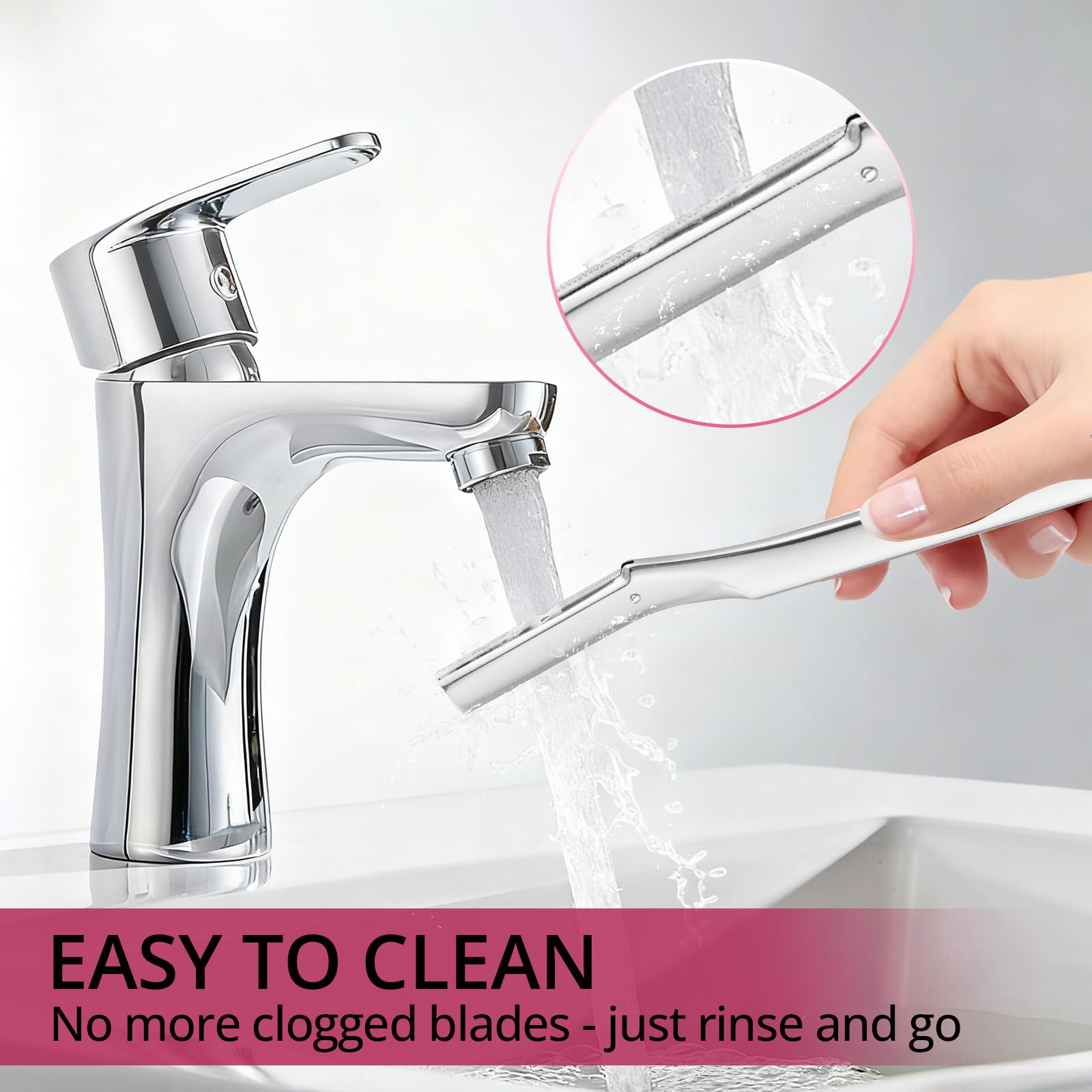 Mistfree Dermaplane Razor handle close-up highlights sturdy zinc alloy for precise control.