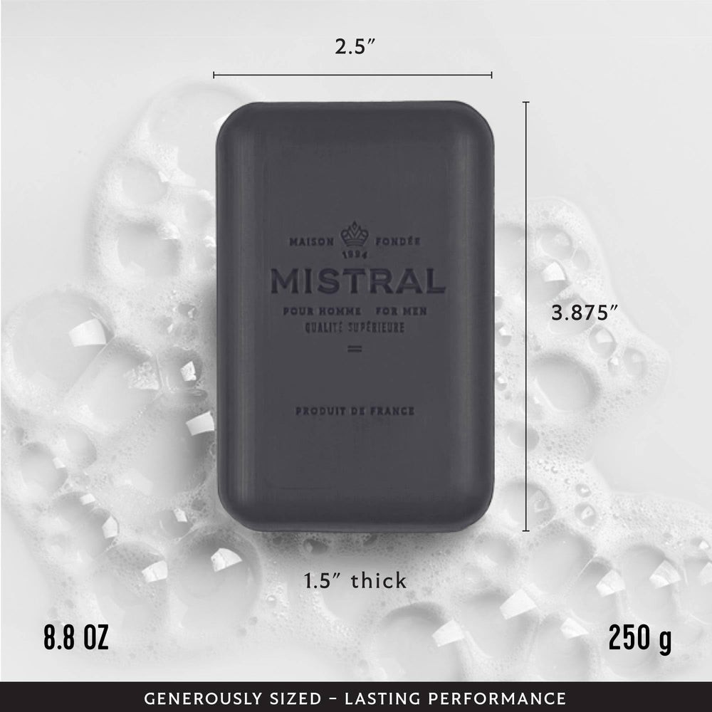 Mistral Black Amber Luxury Bar Soap closeup with argan oil notes for skin nourishment.