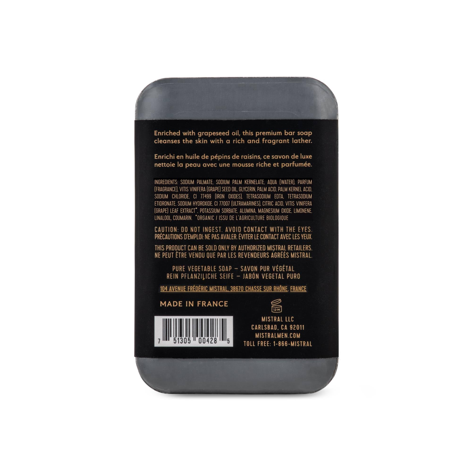 Mistral Black Amber Luxury Bar Soap closeup texture reveals triple-milled firmness.