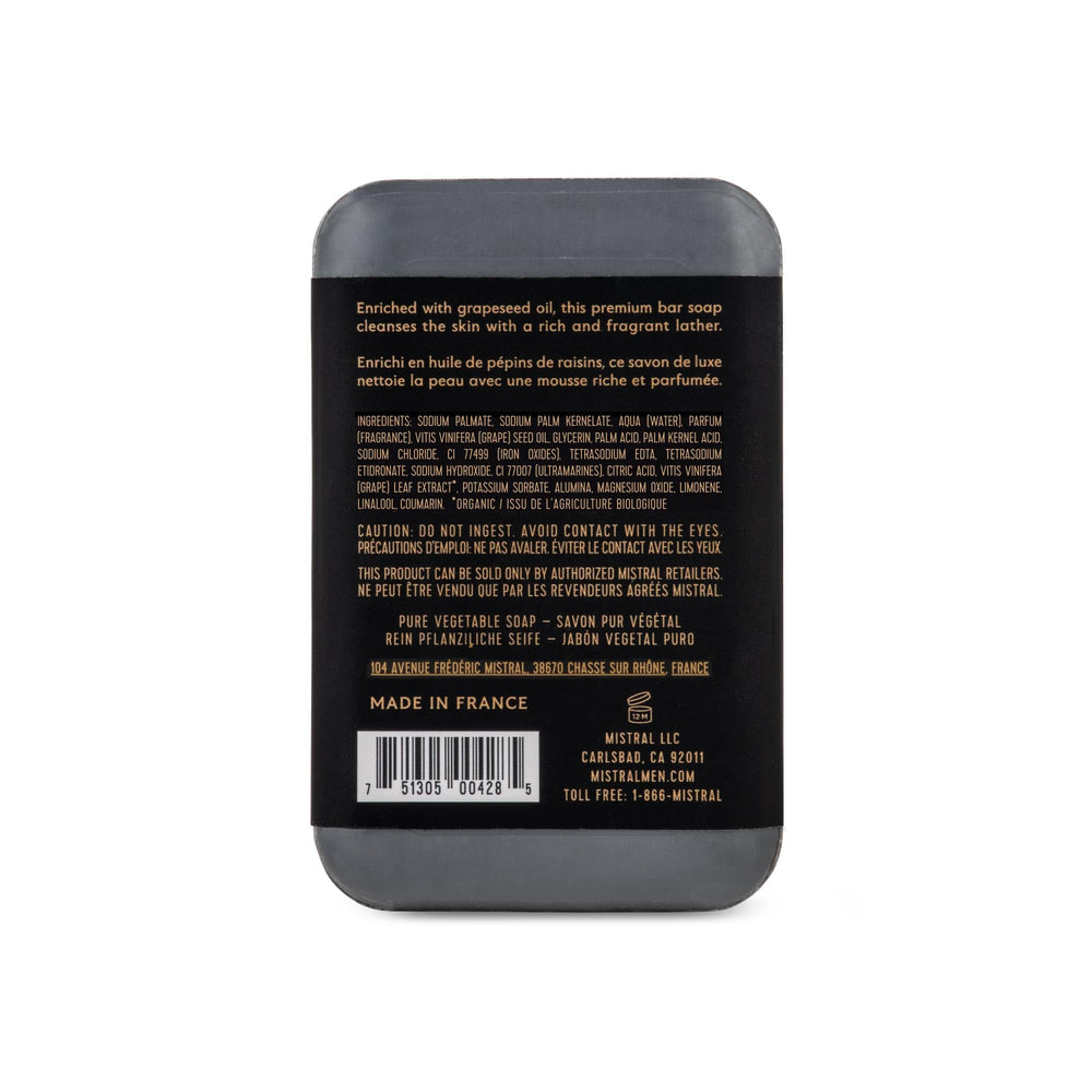 Mistral Black Amber Luxury Bar Soap closeup texture reveals triple-milled firmness.
