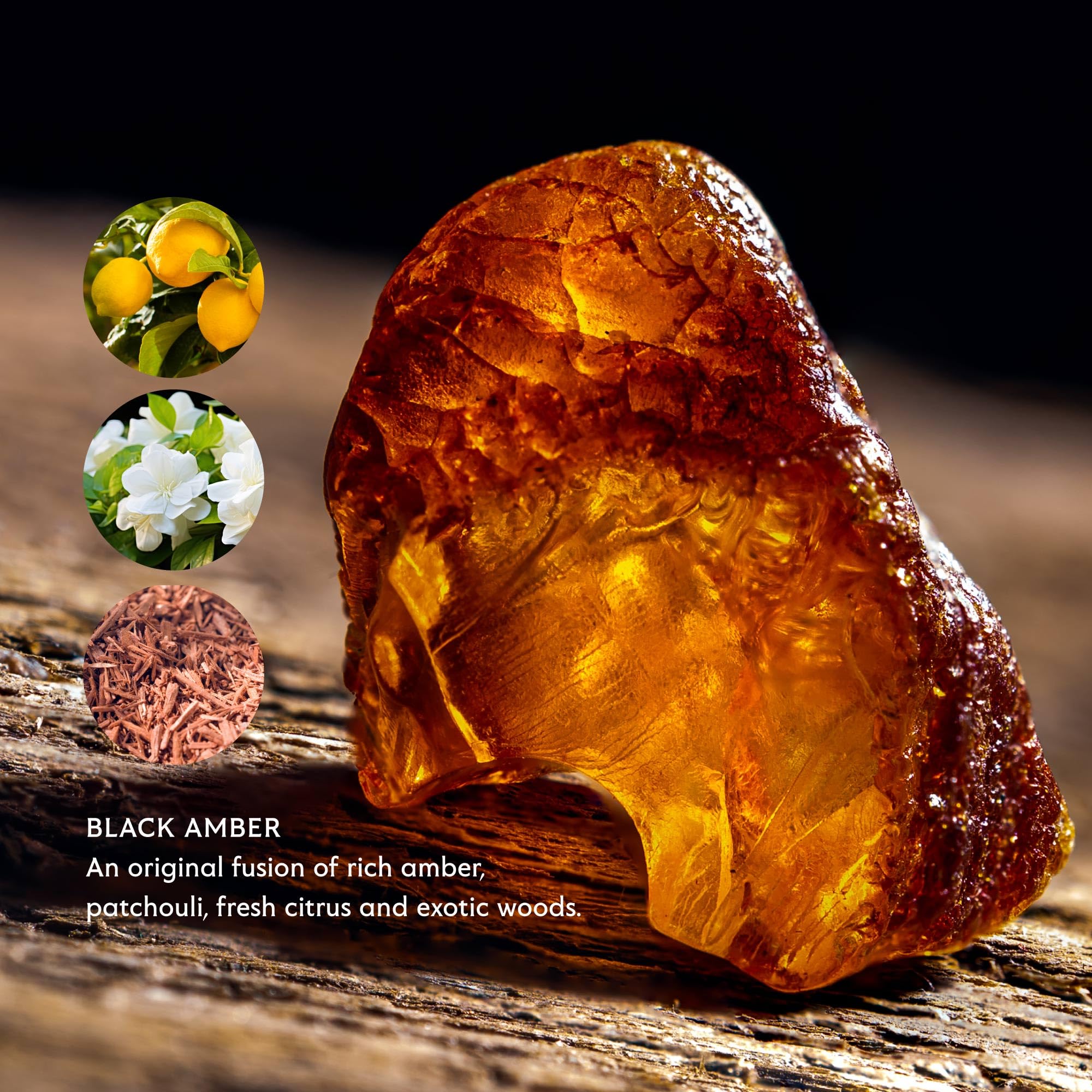 Mistral Black Amber Luxury Bar Soap droplets capture warm amber scent and woody layers.