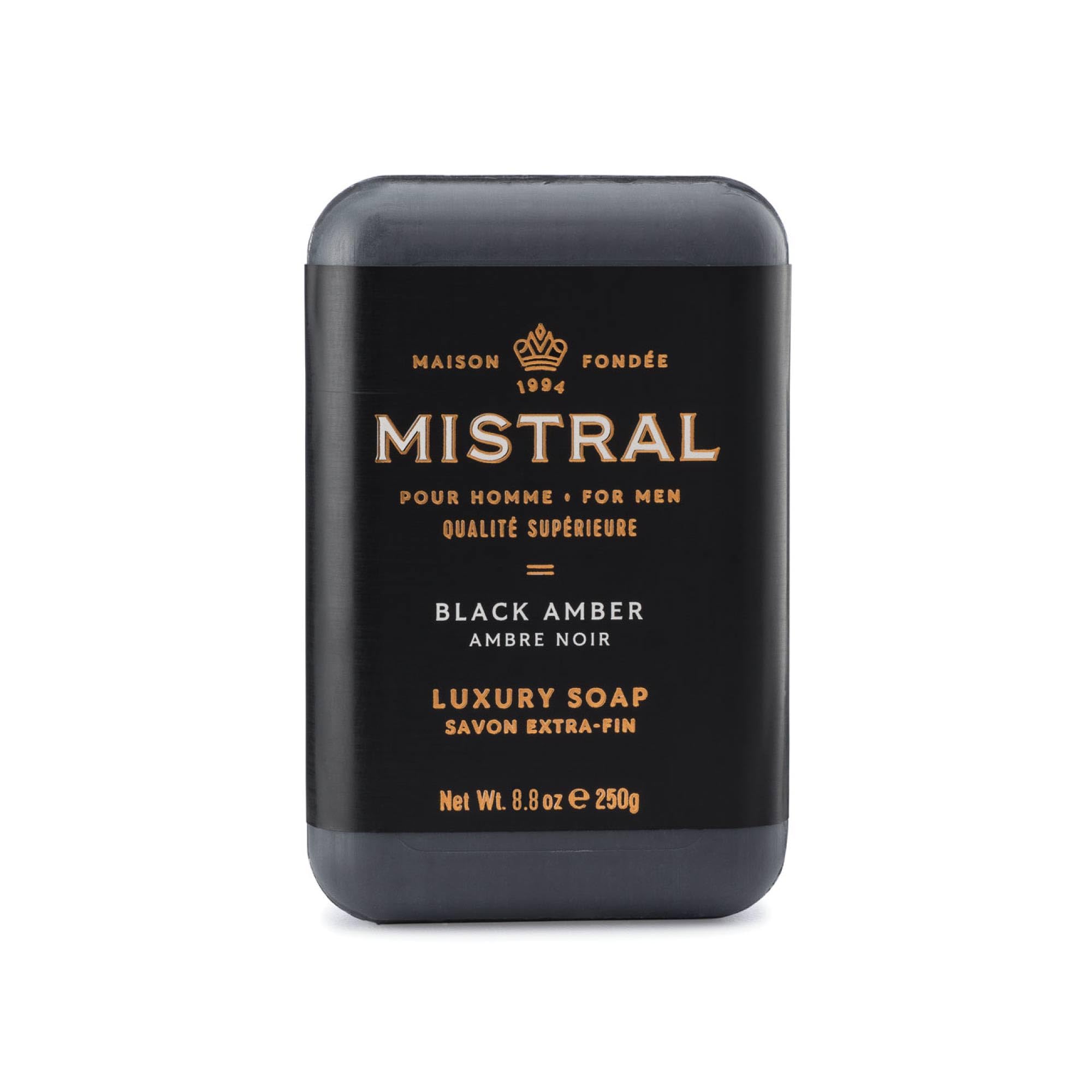 Mistral Black Amber Luxury Bar Soap front view shows premium cleansing and masculine aroma.