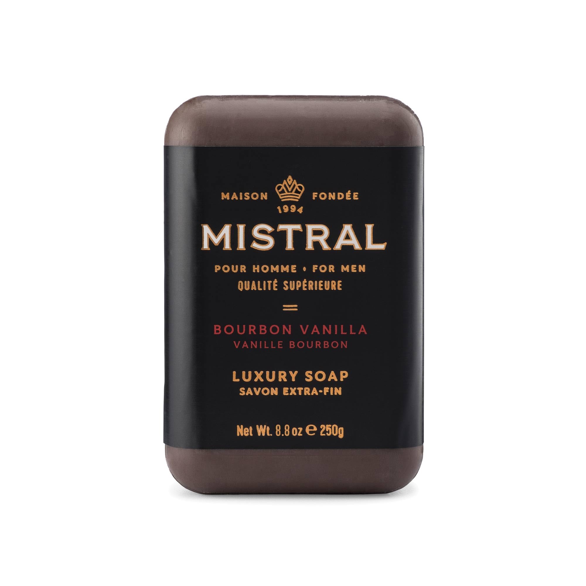 Mistral Bourbon Vanilla bar soap front view showing bold aroma ideal for daily grooming.