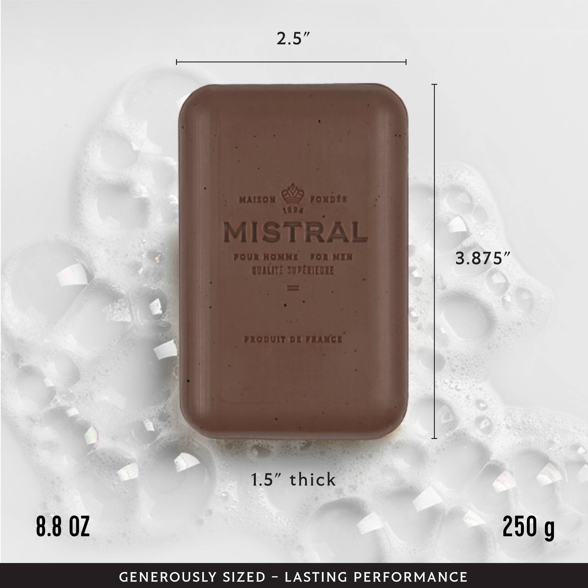 Mistral Bourbon Vanilla soap lather demonstrates rich cleansing foam for daily use.