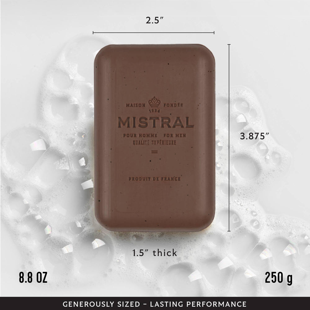 Mistral Bourbon Vanilla soap lather demonstrates rich cleansing foam for daily use.