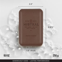 Mistral Bourbon Vanilla soap lather demonstrates rich cleansing foam for daily use.