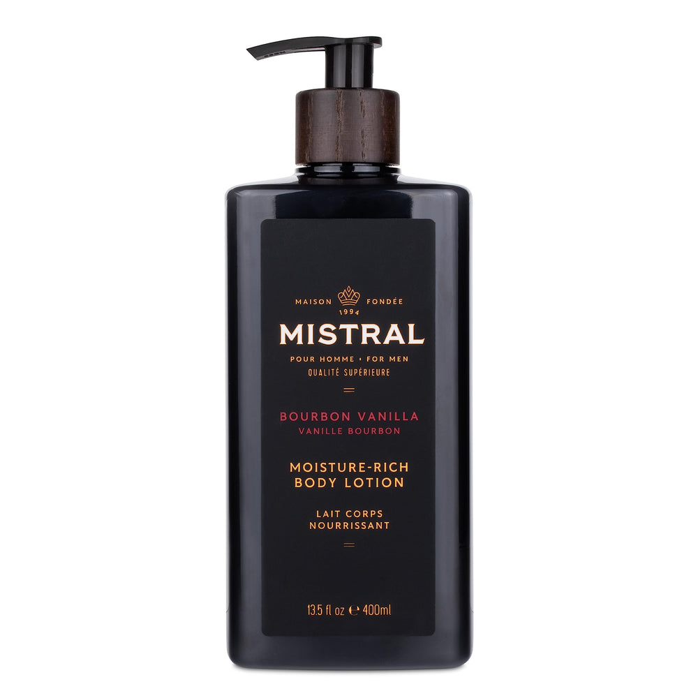 Mistral Bourbon Vanilla Body Lotion bottle showcases premium packaging for daily hydration