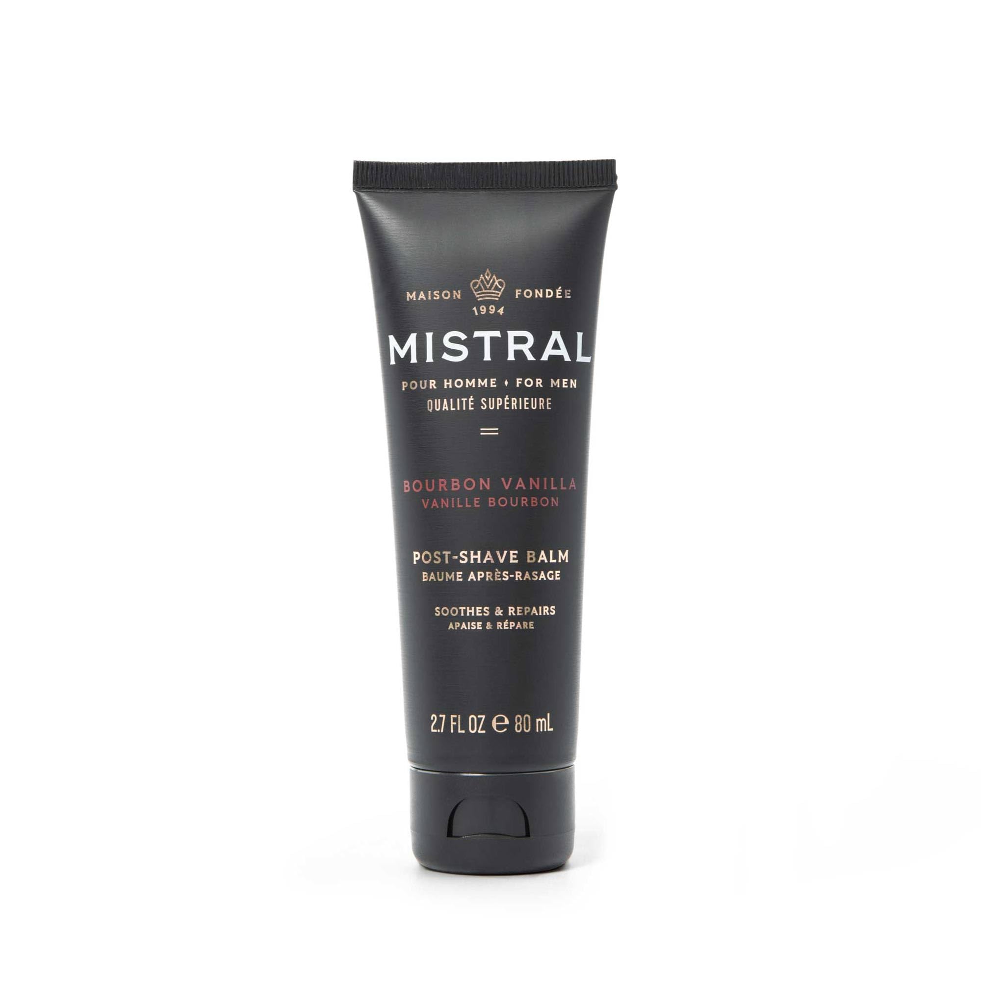 Mistral Bourbon Vanilla Post Shave Balm bottle top showing premium post-shave hydration