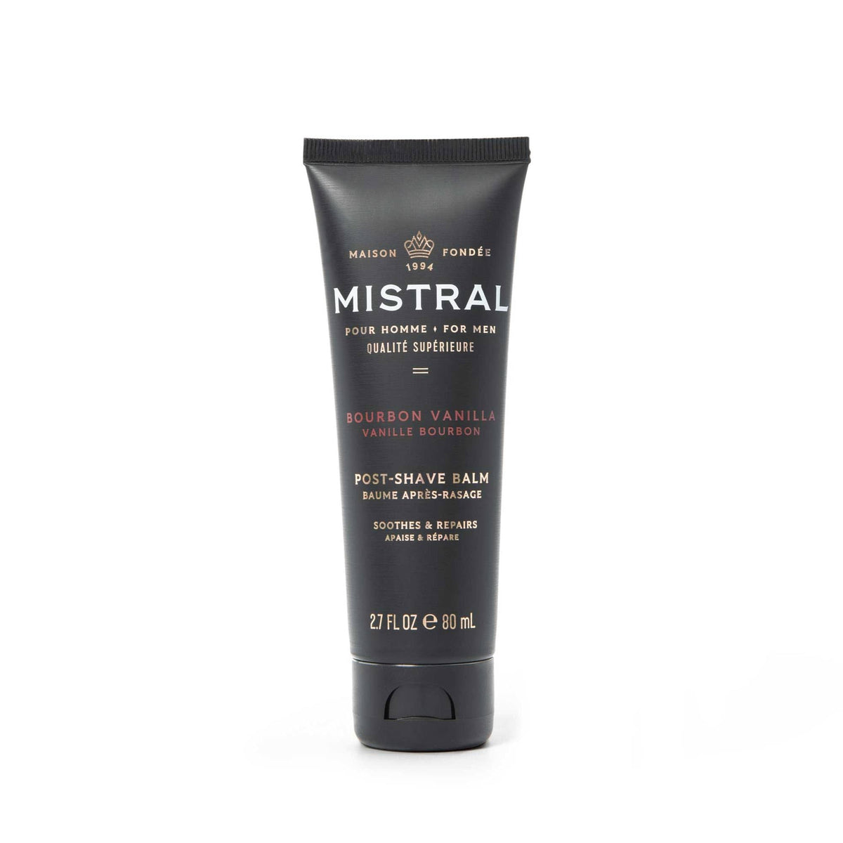 Mistral Bourbon Vanilla Post Shave Balm bottle top showing premium post-shave hydration