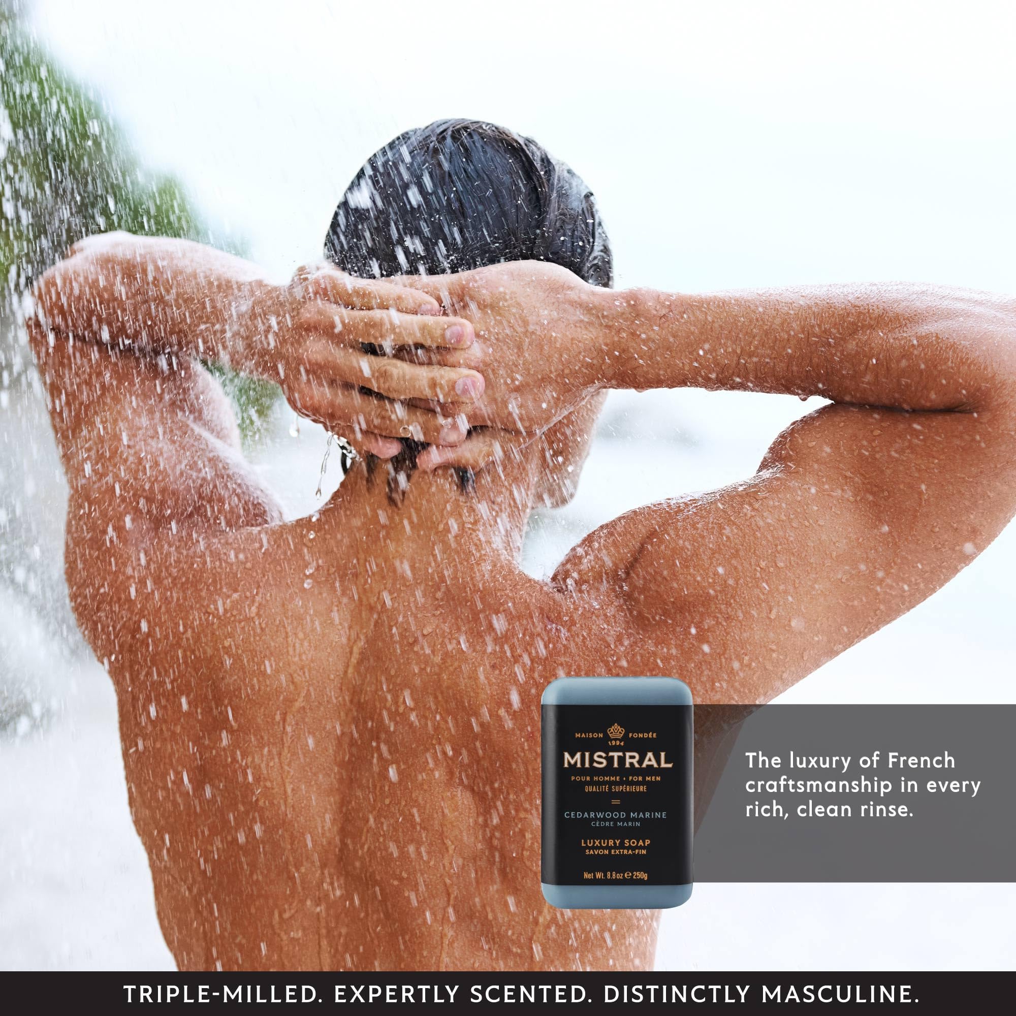 Mistral Cedarwood Marine bar soap framed on sink suggests luxurious grooming ritual at home.