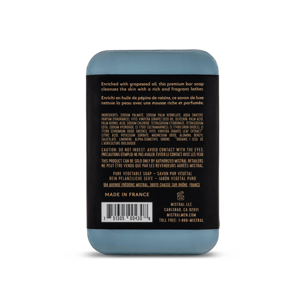 Mistral Cedarwood Marine bar soap lather demonstrates rich bubbles and gentle cleansing for all skin types.