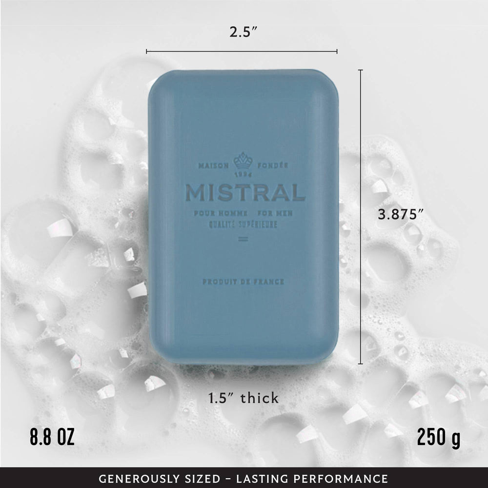 Mistral Cedarwood Marine bar soap natural ingredients image emphasizes argan oil and grape leaf extracts.