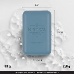 Mistral Cedarwood Marine bar soap natural ingredients image emphasizes argan oil and grape leaf extracts.