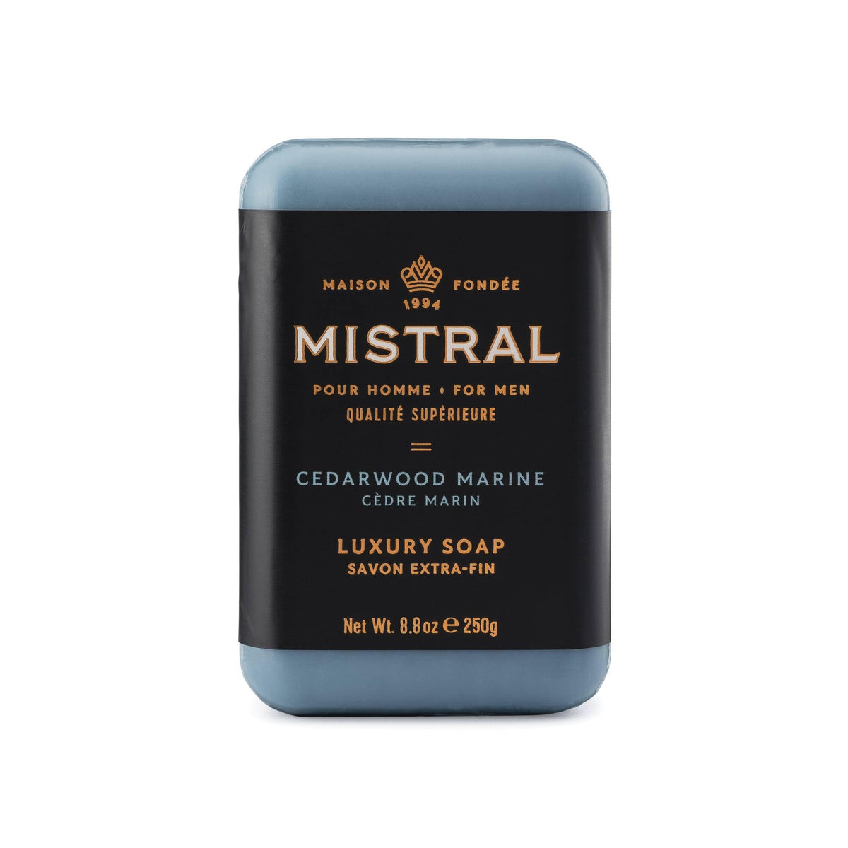 Mistral Cedarwood Marine bar soap pack image for a refreshing morning cleanse and lasting scent.