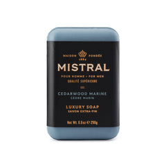 Mistral Cedarwood Marine bar soap pack image for a refreshing morning cleanse and lasting scent.