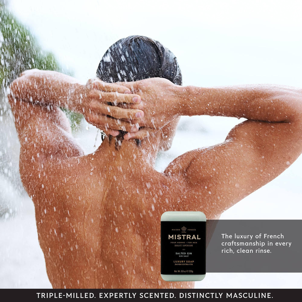 Mistral Salted Gin gift-box display conveys premium, paraben-free grooming choice.