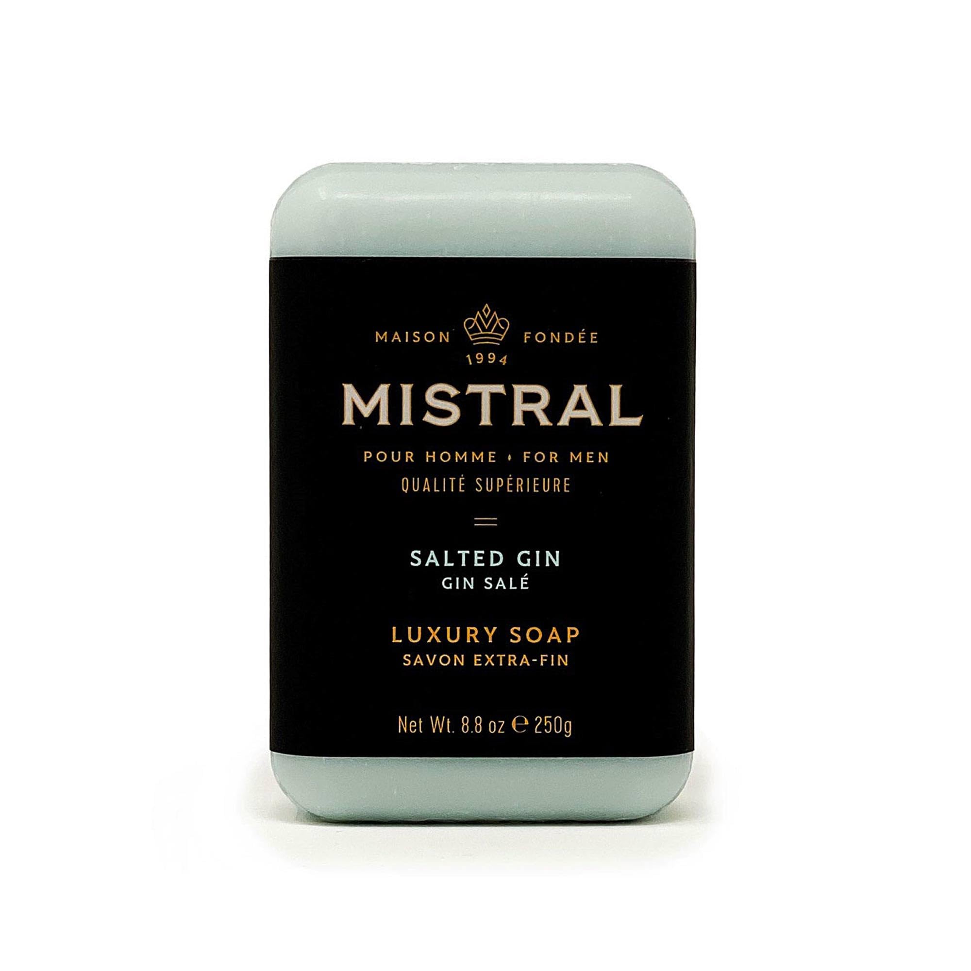 Mistral Salted Gin bar soap package highlights premium design and gift-ready presentation.