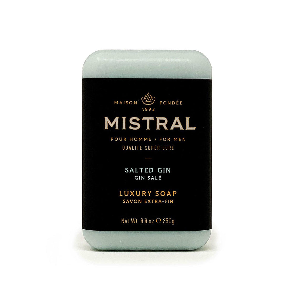 Mistral Salted Gin bar soap package highlights premium design and gift-ready presentation.