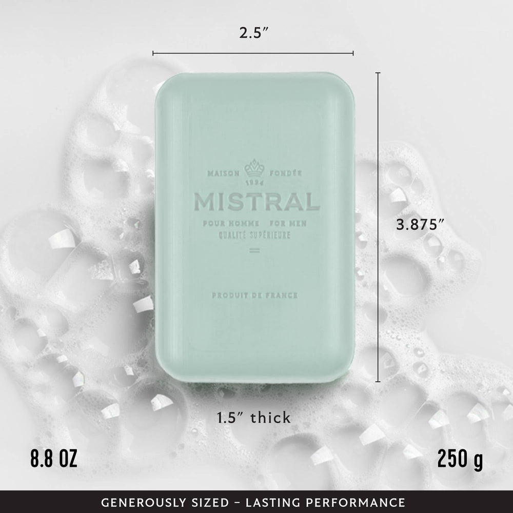 Mistral Salted Gin bar soap rich-lather texture as seen in this image.