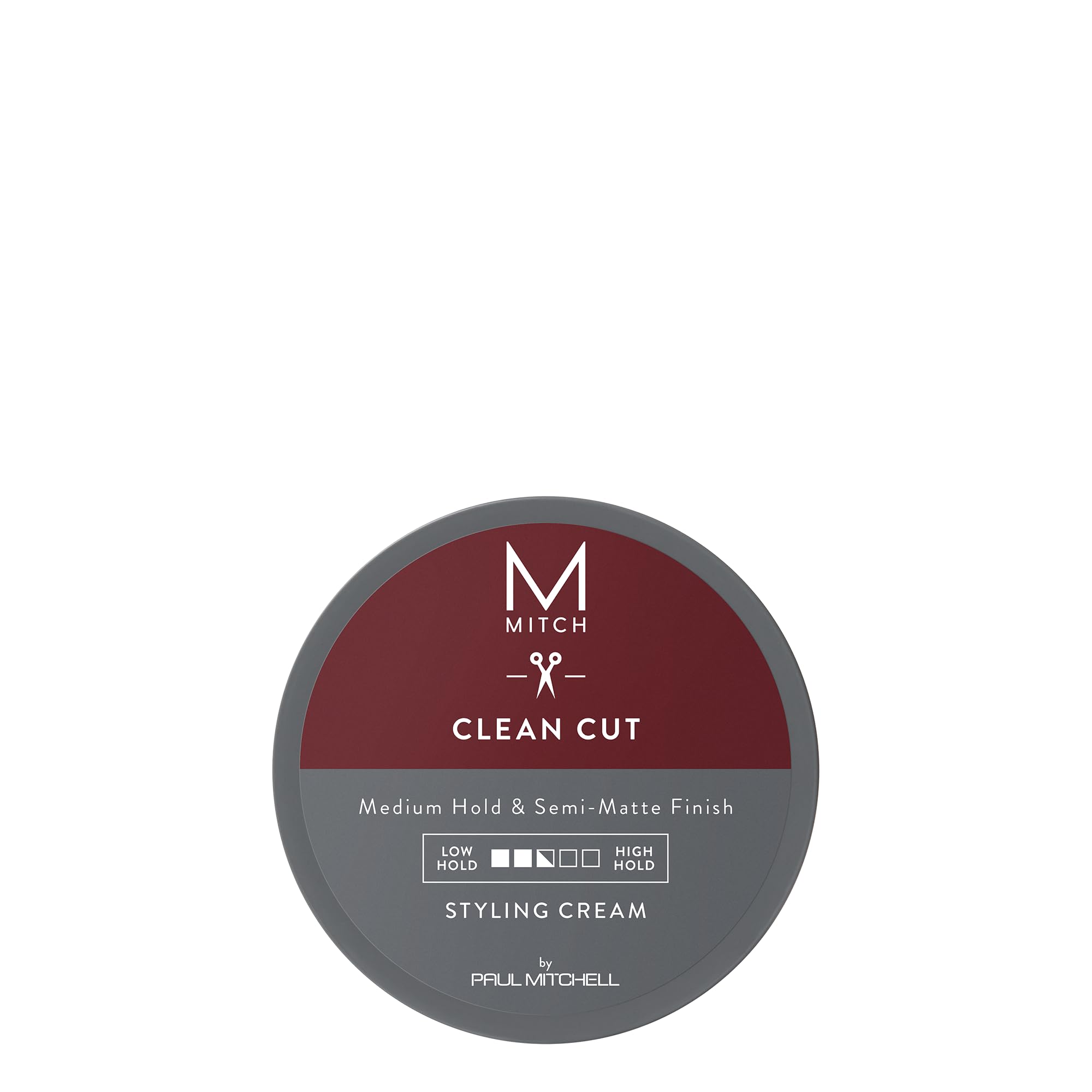MITCH Clean Cut styling cream jar shows pliable hold for versatile hairstyles.