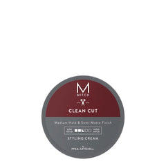 MITCH Clean Cut styling cream jar shows pliable hold for versatile hairstyles.