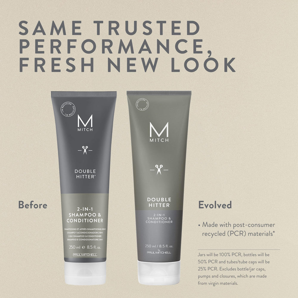 Mitch Double Hitter label closeup highlights color-safe formula and masculine branding.