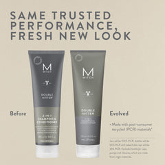 Mitch Double Hitter label closeup highlights color-safe formula and masculine branding.