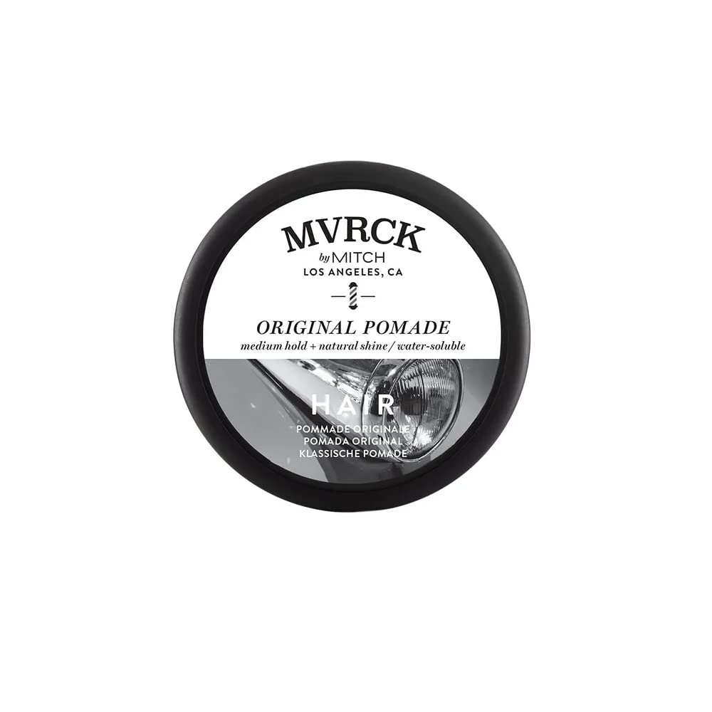 MITCH Original Pomade jar close-up showing medium hold and low shine for versatile styling.