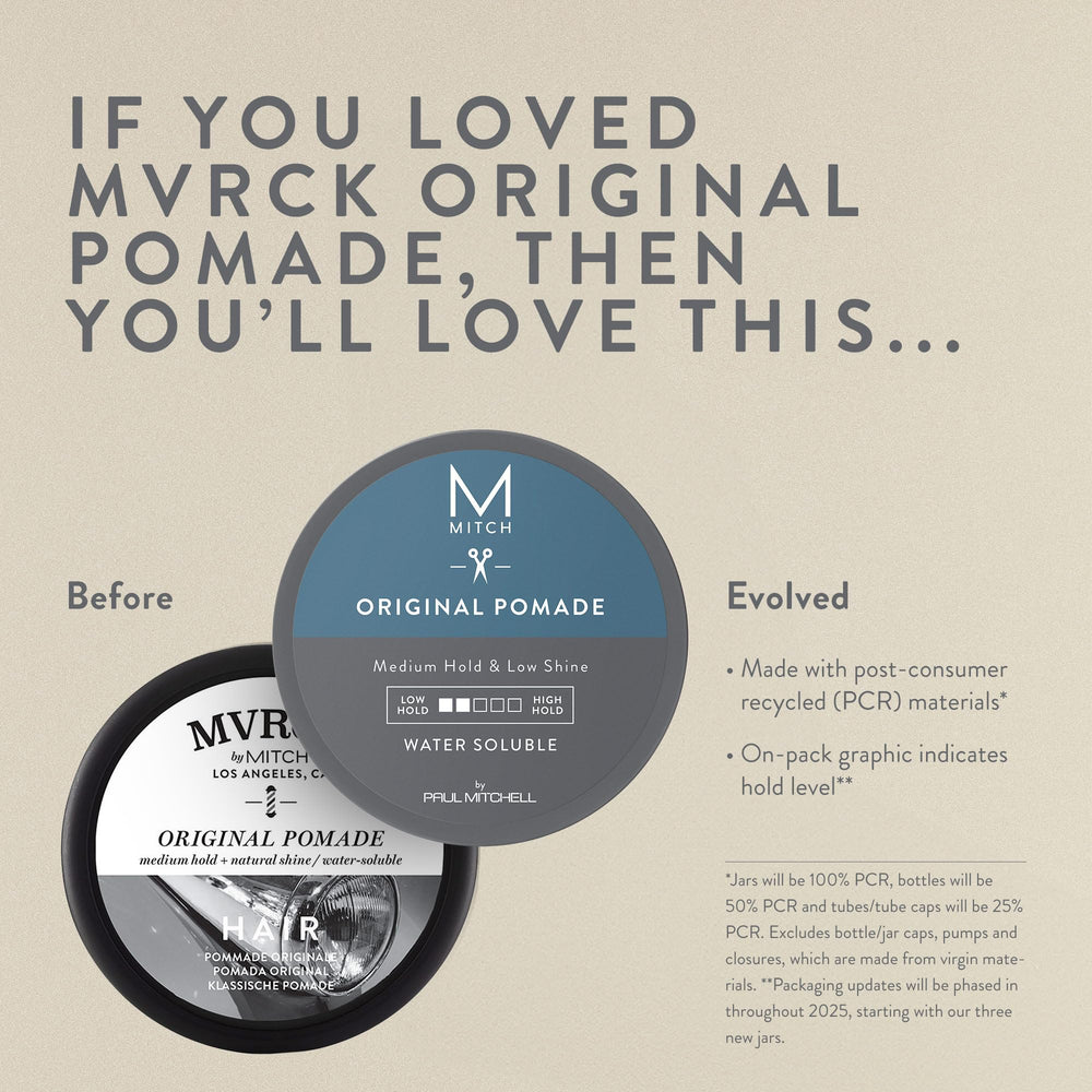 MITCH Original Pomade packaging highlights PCR materials for eco-conscious grooming.