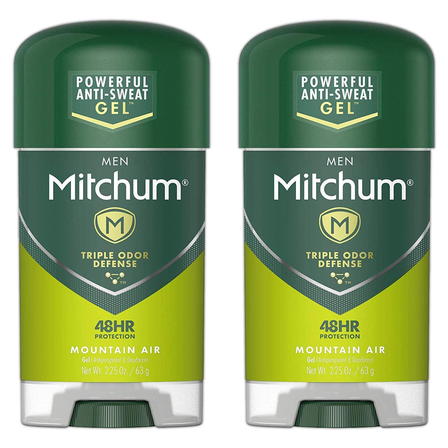 Mitchum Mountain Air clear gel 2-pack shown on shelf offering long-lasting odor control.