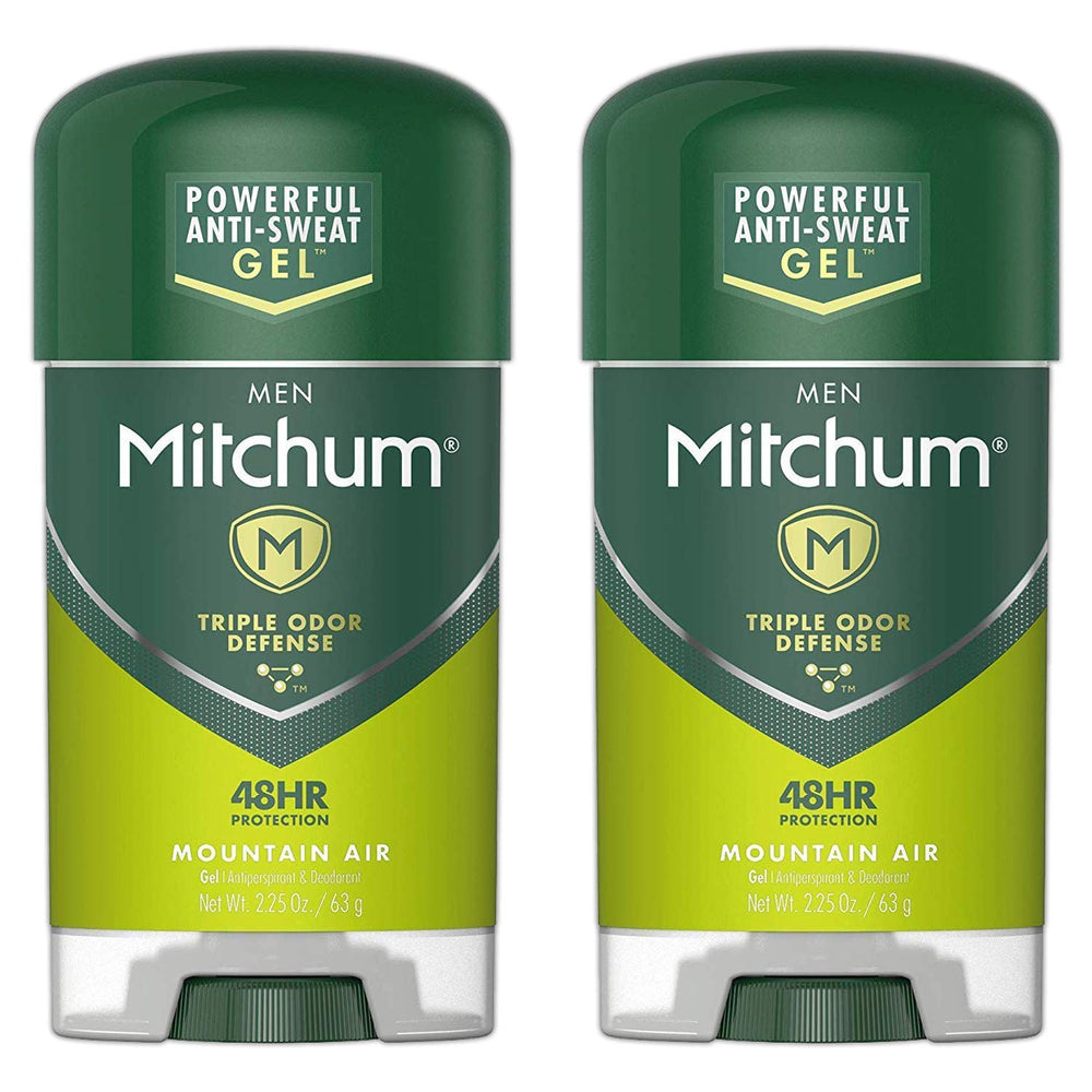 Mitchum Mountain Air clear gel 2-pack shown on shelf offering long-lasting odor control.
