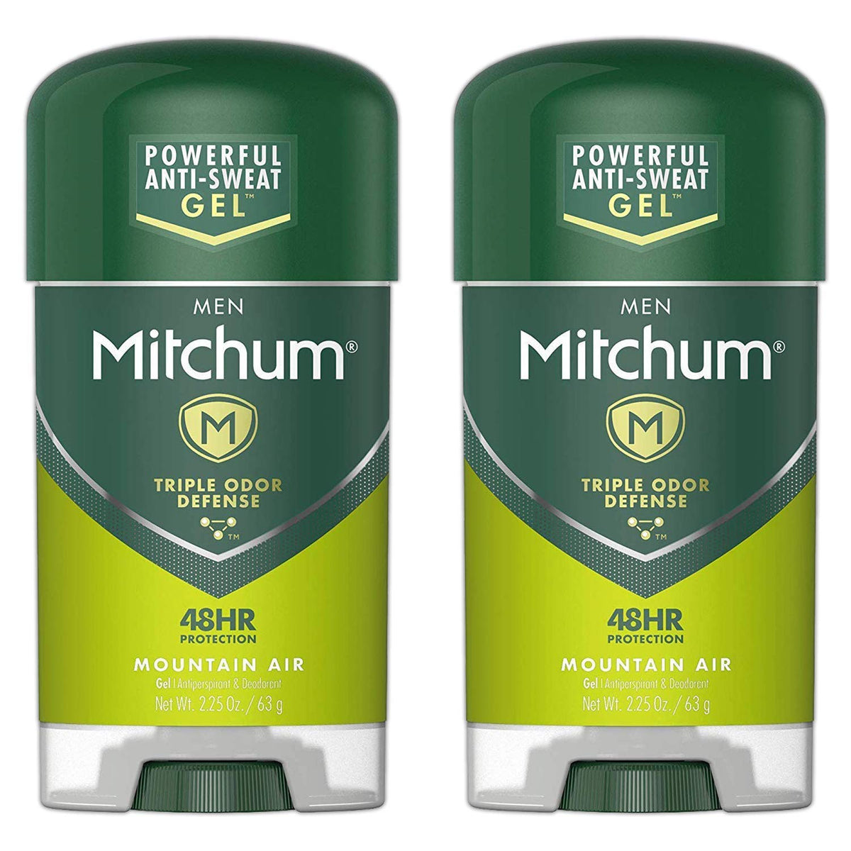 Mitchum Mountain Air clear gel 2-pack shown on shelf offering long-lasting odor control.