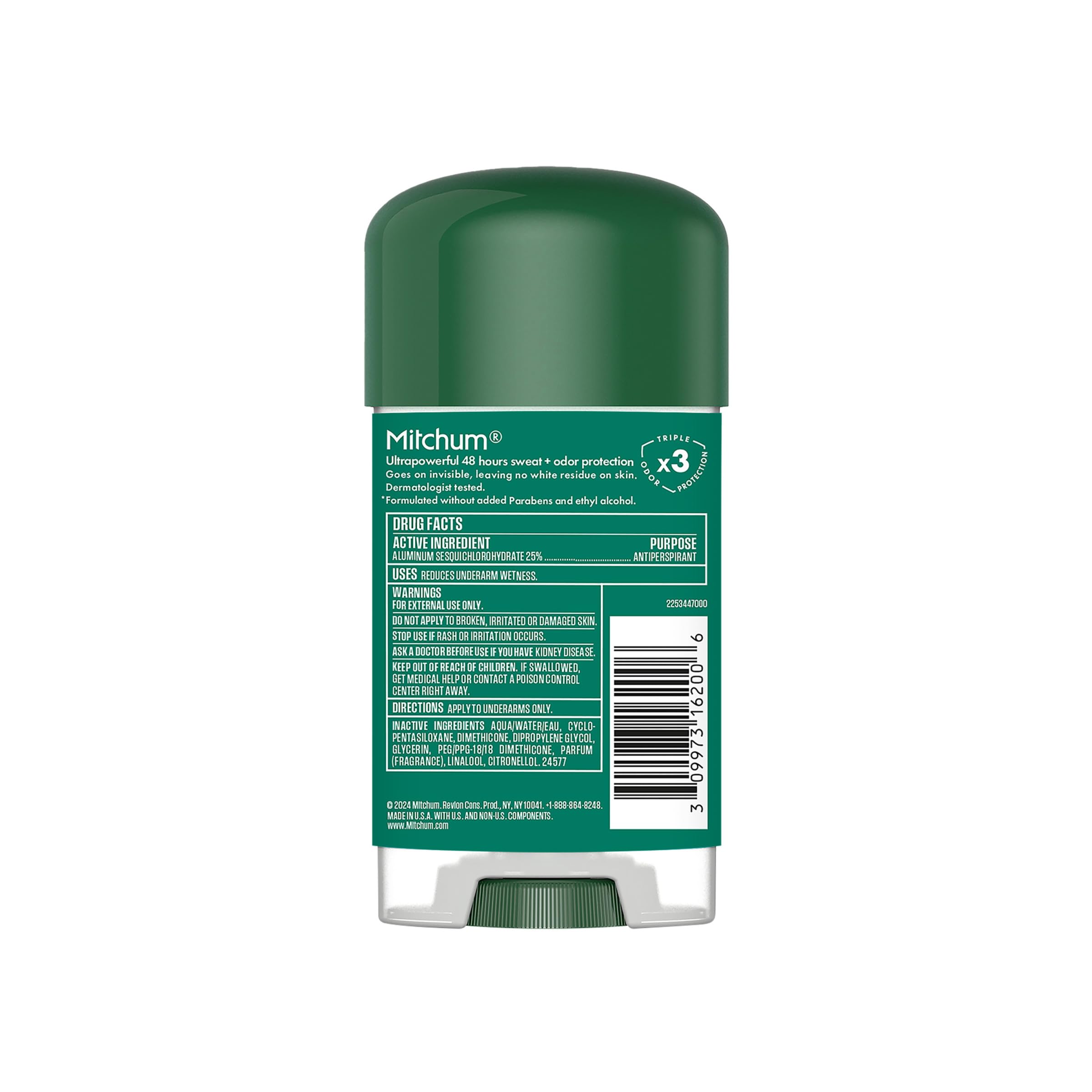 Mitchum dermatologist-tested vegan formulation ensures broad skin compatibility and responsible sourcing.