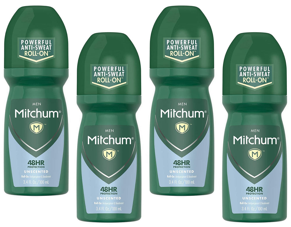 Mitchum Invisible roll-on unscented 4-pack bottle close-up shows clear protection