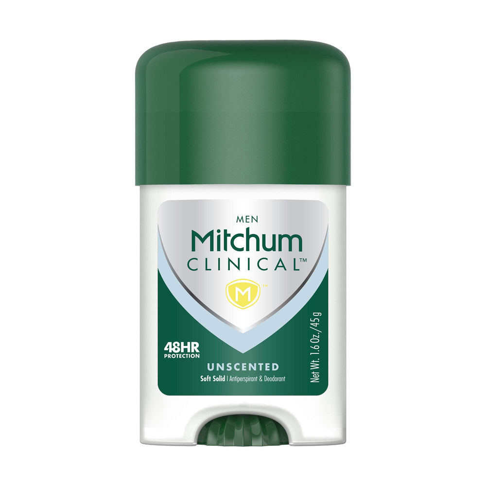 Mitchum Men clinical soft solid bottle highlights easy-to-use stick for daily wear