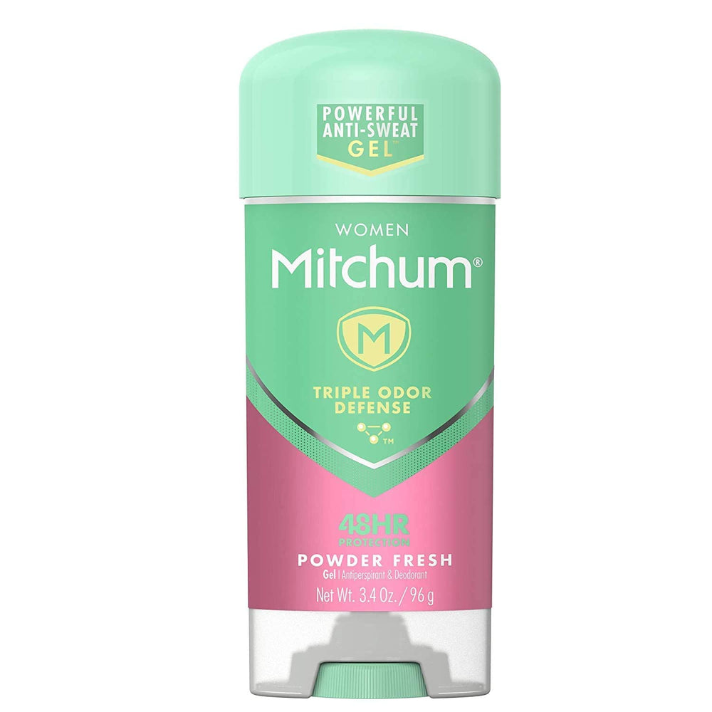 Mitchum Power Gel Powder Fresh Pack 4 image shows quick-drying gel for all-day protection.