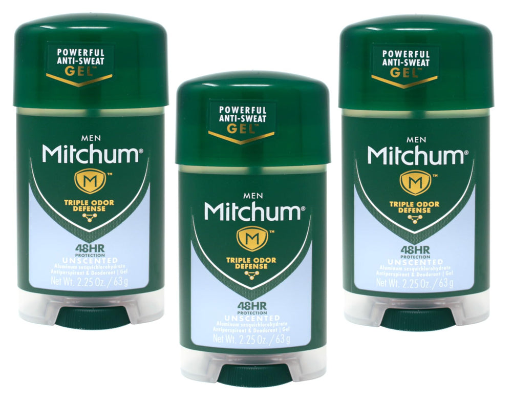 Mitchum Power Gel Unscented bottle shown for quick-drying protection during daily wear.