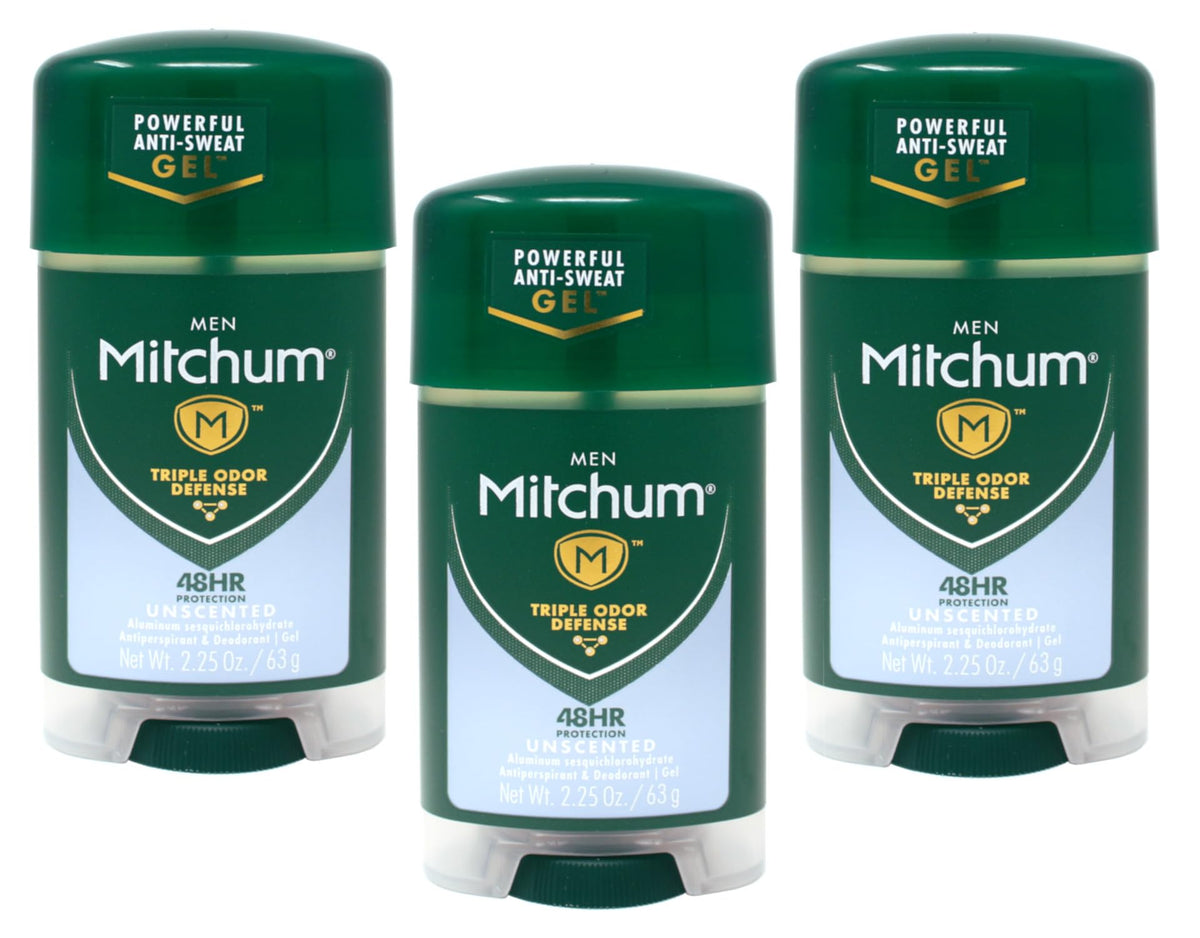 Mitchum Power Gel Unscented bottle shown for quick-drying protection during daily wear.