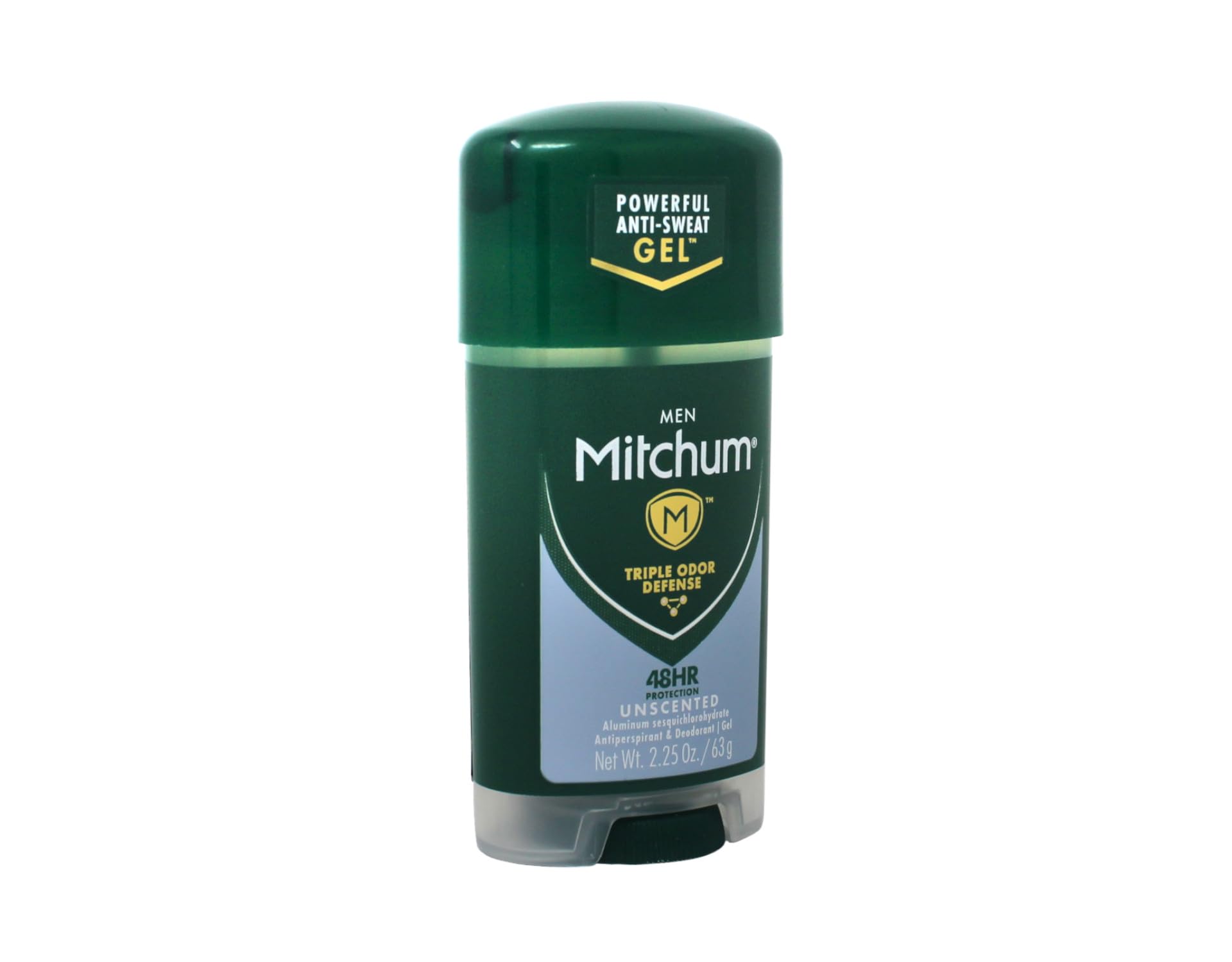 Mitchum Power Gel Unscented drying graphic highlights fast-drying, no-residue formula.