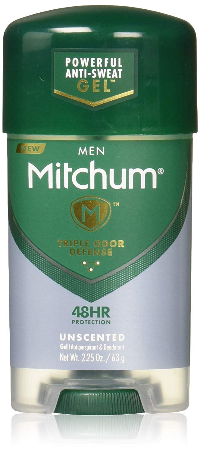Mitchum Power Gel Unscented skin-application closeup highlights fragrance-free formula for sensitive users.