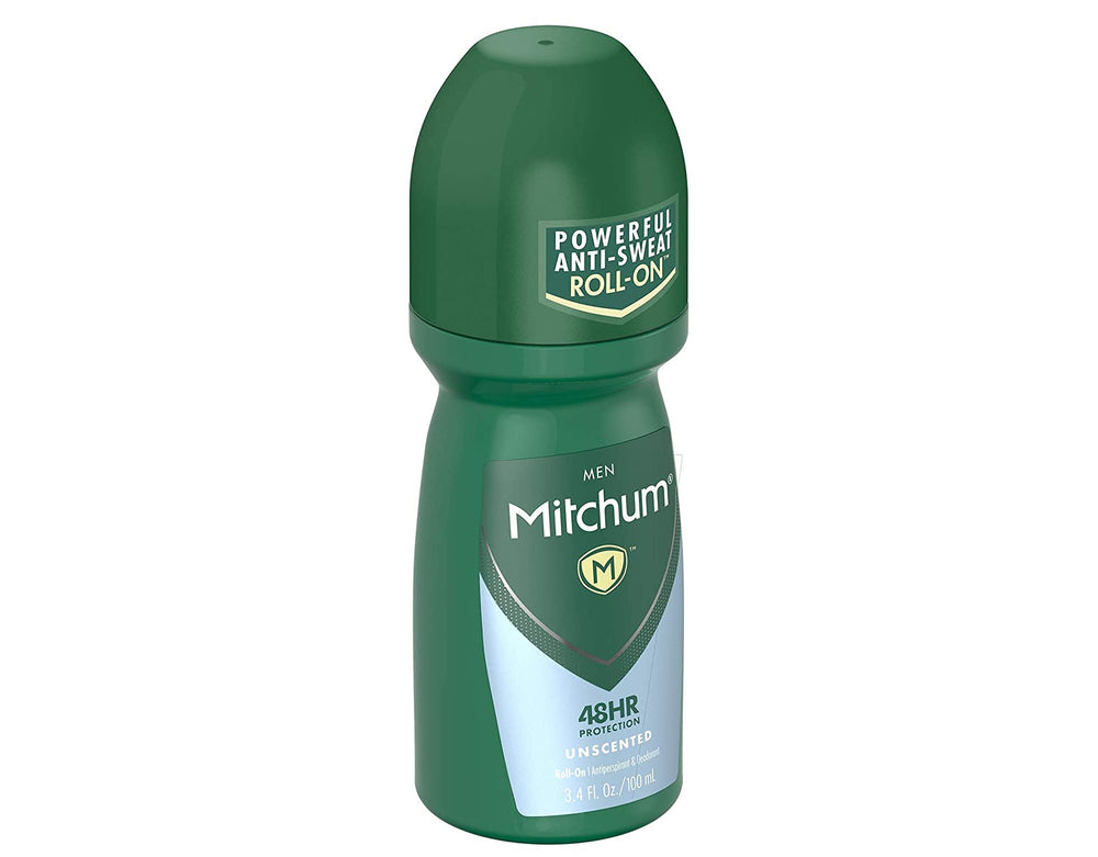 Mitchum triple-odor-defense unscented roll-on highlighting heat and motion protection.