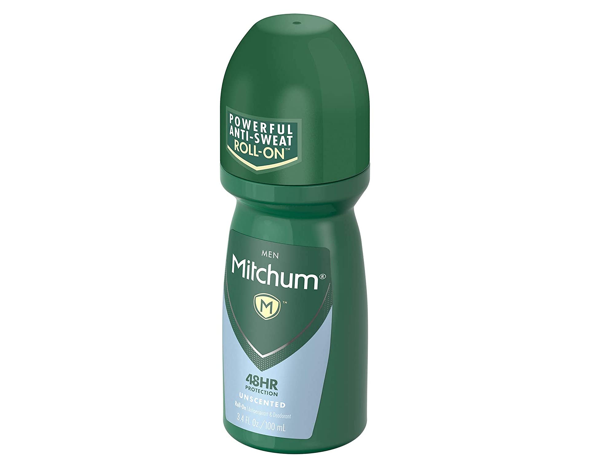 Mitchum unscented formula dermatologist-tested bottle emphasizing gentle daily use.