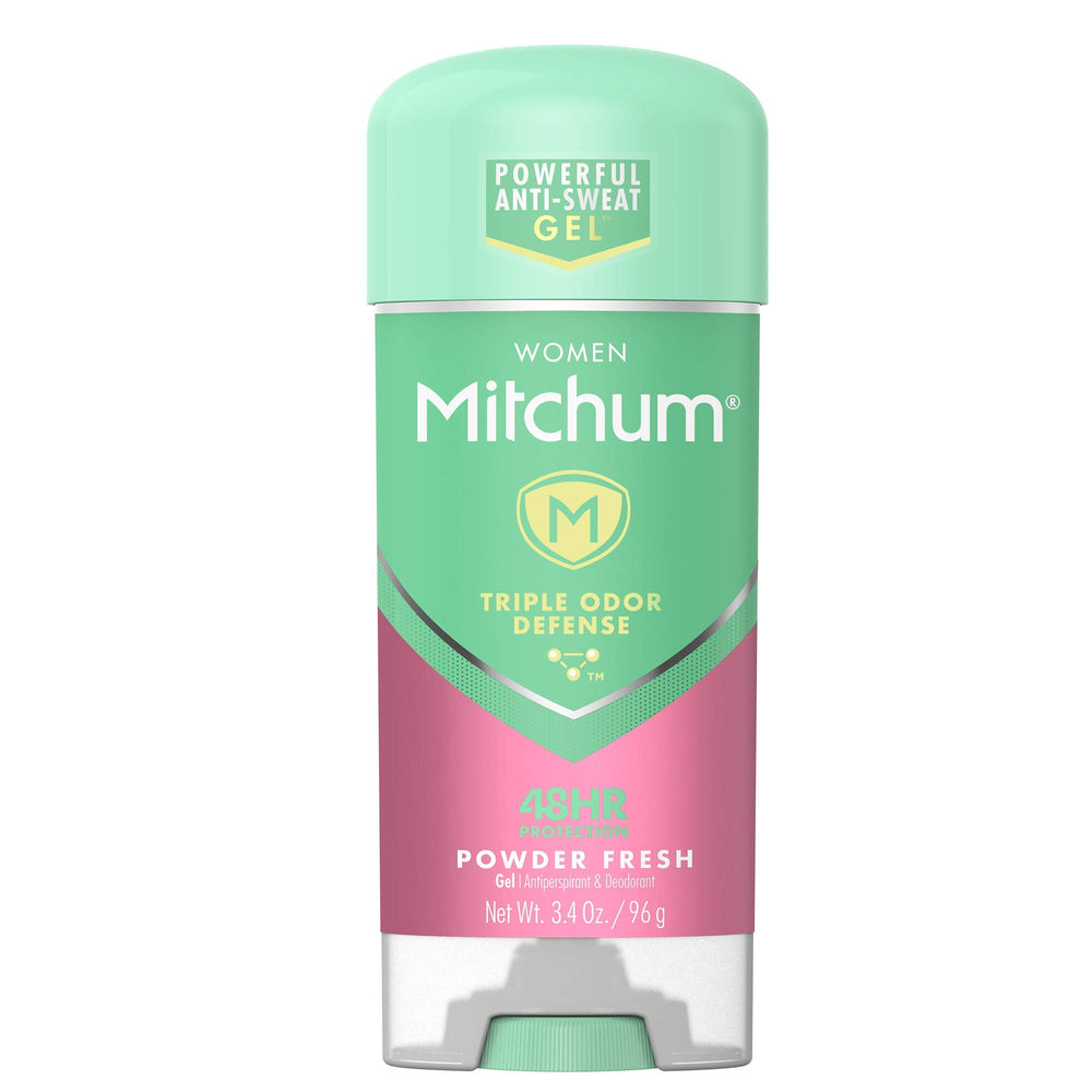 Mitchum Women Clear Gel bottle front shows powder-fresh odor protection.