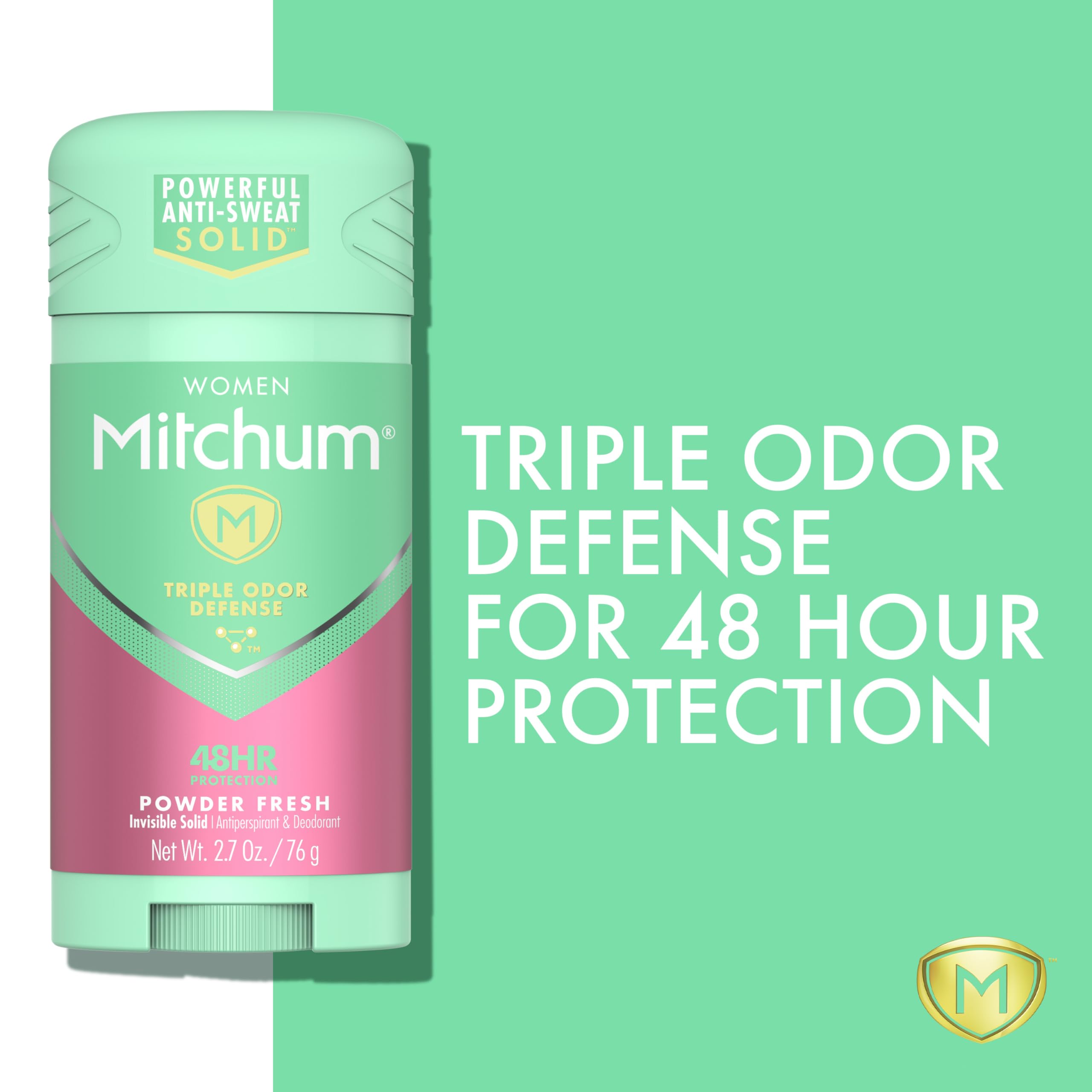 Mitchum women's deodorant powder fresh stick front view showing easy grip.
