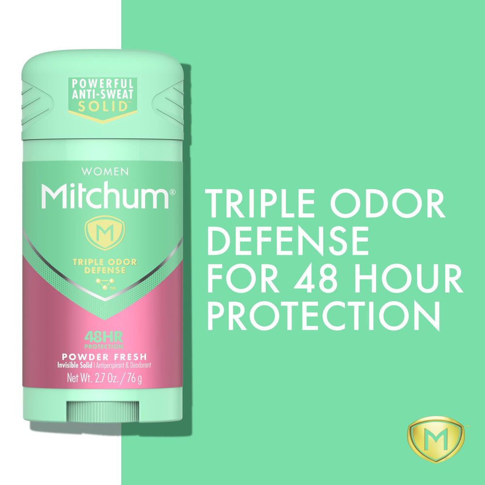 Mitchum women's deodorant powder fresh stick front view showing easy grip.