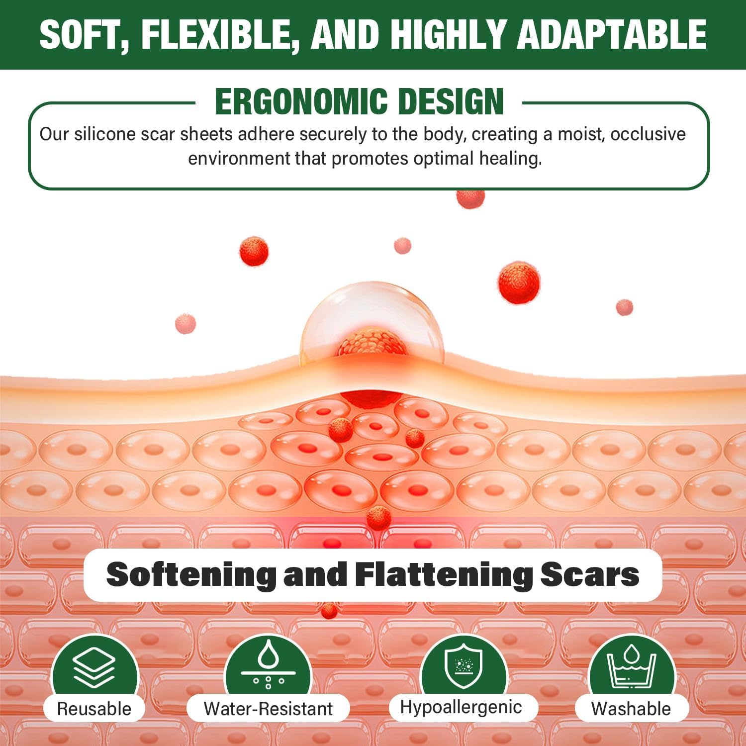 Mitreal scar patches in use on skin showing comfortable everyday application.