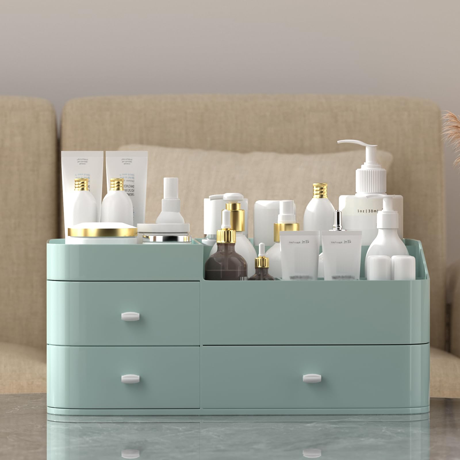 MIUOPUR makeup organizer enhances bedroom counter organization and style.