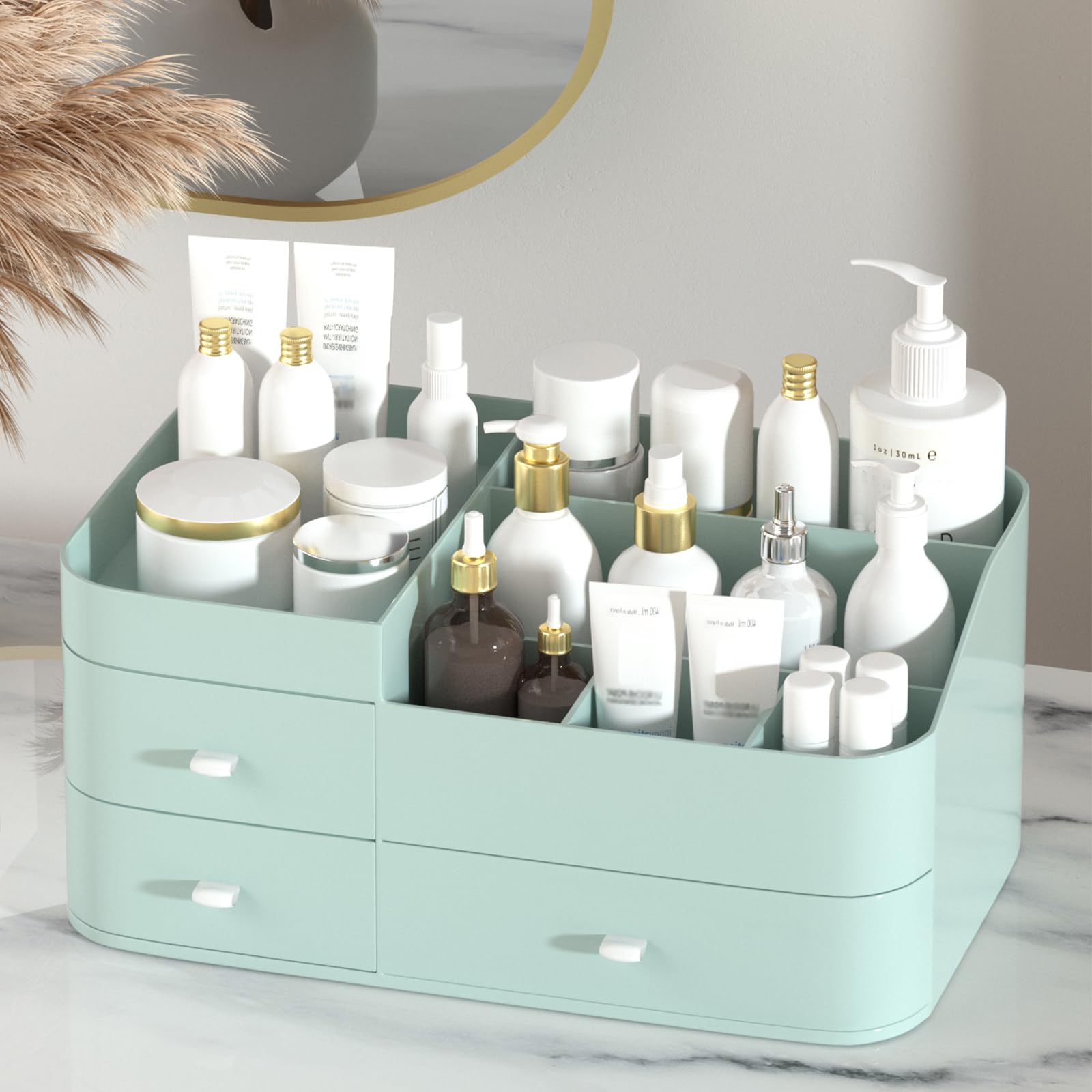 MIUOPUR makeup organizer vanity top compartments for easy cosmetics access.