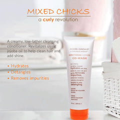 Creamy texture close-up of Mixed Chicks Co-Wash showing low-lather formula